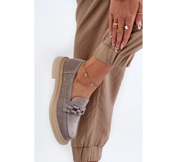 Dámské semišové mokasíny na plochém podpatku s ozdobou D&A TW101 Šedé