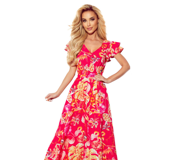 LIDIA - Růžové květované dlouhé dámské šaty s výstřihem a volánky 310-4