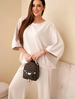 Dámský komplet viskózový máslový se širokými nohavicemi a volnou blůzou béžový