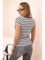 Dámská bavlněná žebrovaná halenka s výstřihem a ozdobným kroužkem tmavě modrá