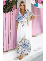 Vzdušné maxi šaty s obálkovým výstřihem, páskem a květinovým  model 21186117 - numoco basic