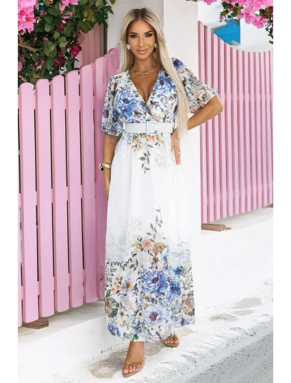 Vzdušné maxi šaty s obálkovým výstřihem, páskem a květinovým  model 21186117 - numoco basic