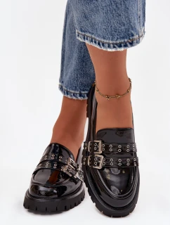 Lakované dámské mokasíny s pásky a stříbrnými přezkami Gabrisse – černé
