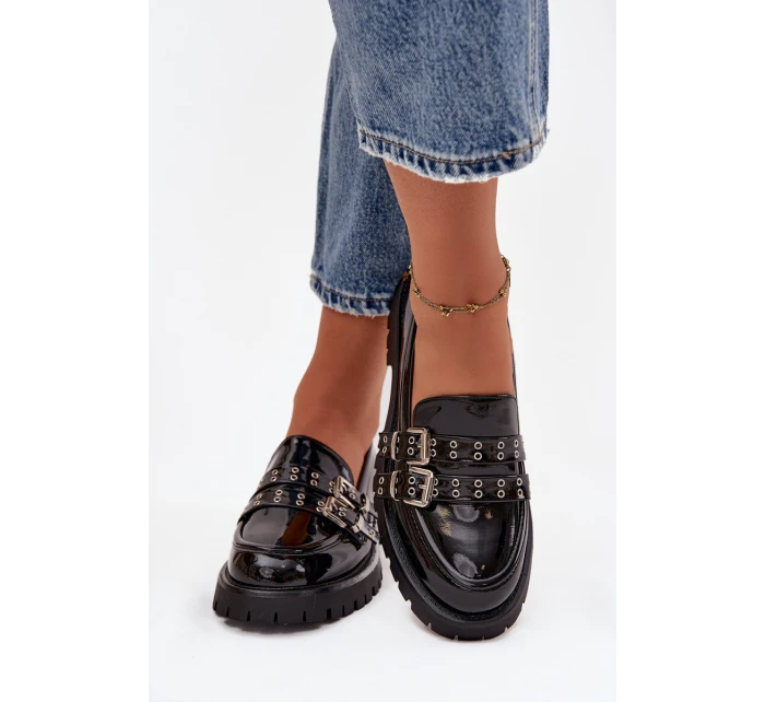 Lakované dámské mokasíny s pásky a stříbrnými přezkami Gabrisse – černé