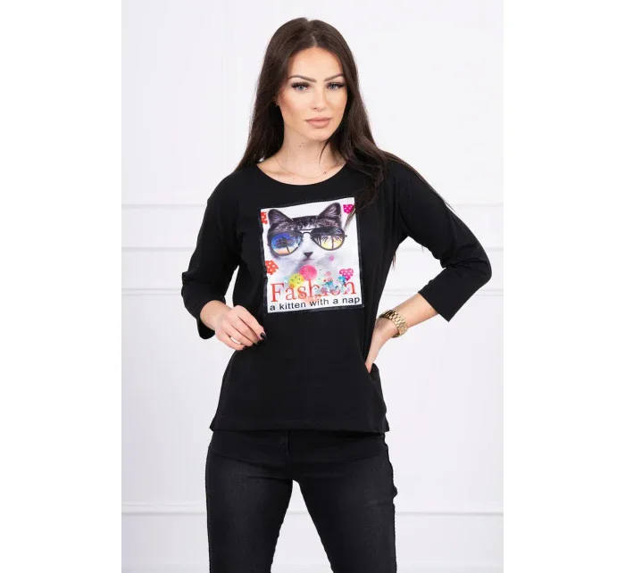 Halenka s 3D grafikou kočky černá Halenka s 3D grafikou kočky černá