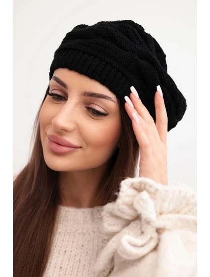 Dámská zimní čepice z vlny s ozdobným pletením a kamínky model 21878091 černá - K-Fashion
