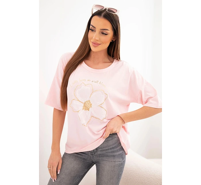 Dámská bavlněná oversize halenka s květinovým potiskem bonbónově růžová