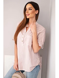 Dámská košilová bavlněná halenka s krátkým rukávem a kapsou tmavě pudrově růžová