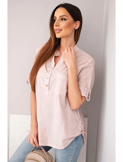 Dámská košilová bavlněná halenka s krátkým rukávem a kapsou tmavě pudrově růžová