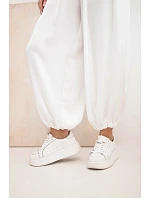 Dámské široké kalhoty s gumou v pase a vázáním v model 22064355 stylu ecru - K-Fashion