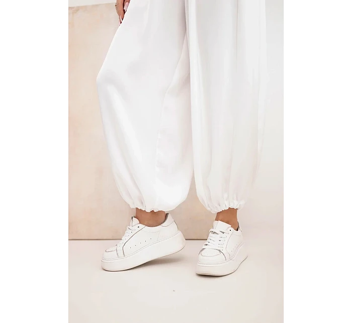 Dámské široké kalhoty s gumou v pase a vázáním v model 22064355 stylu ecru - K-Fashion