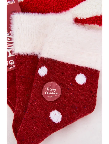 Dámské vánoční ponožky s chlupem a puntíky – červené (vlna alpaka)