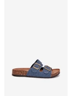 Dámské pantofle na korkové platformě s přezkami – tmavý denim