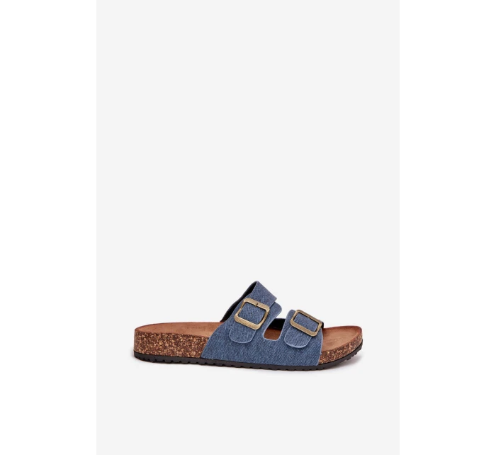 Dámské pantofle na korkové platformě s přezkami – tmavý denim