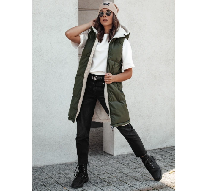 dámská dlouhá prošívaná vesta s kapucí zelená Dstreet model 21980606 - FashionStreet
