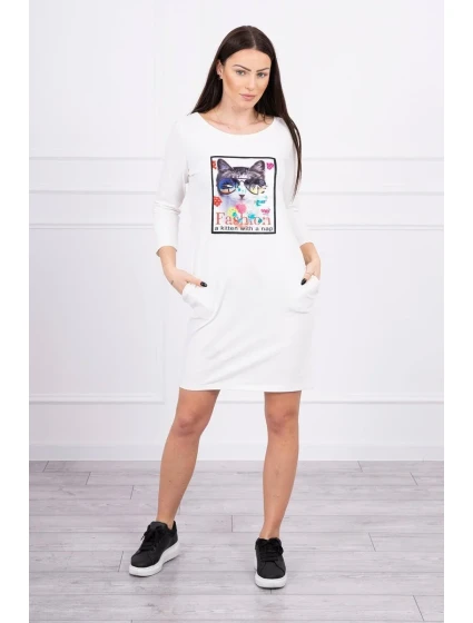 Šaty s 3D grafikou kočky ecru Šaty s 3D grafikou kočky ecru