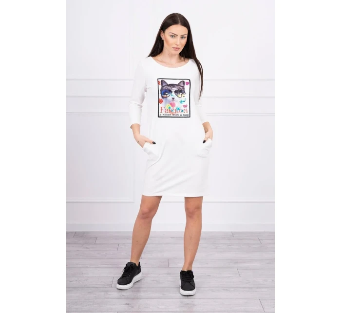 Šaty s 3D grafikou kočky ecru Šaty s 3D grafikou kočky ecru