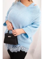 Dámský komplet svetr s výstřihem do V a viskózová blůza s krajkovým lemem modrý Dámský komplet svetr s výstřihem do V a viskózová blůza s krajkovým lemem modrý