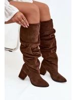 kozačky z pravé semišové kůže na podpatku vyhřívané  hnědé model 21712886 - Zazoo