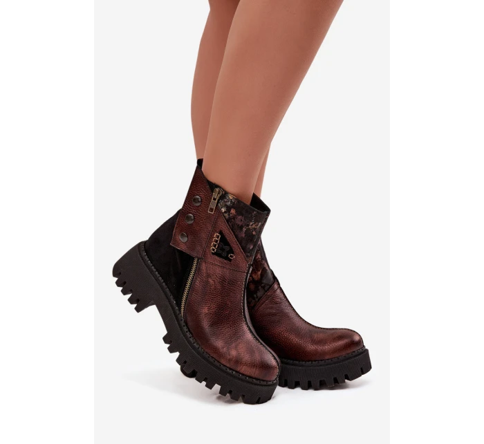 Kožené zateplené kotníkové boty na platformě a plochém podpatku Maciejka 06140-02 hnědé