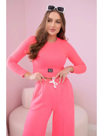 Bavlněný komplet žebrovaná halenka + kalhoty Pink Neon
