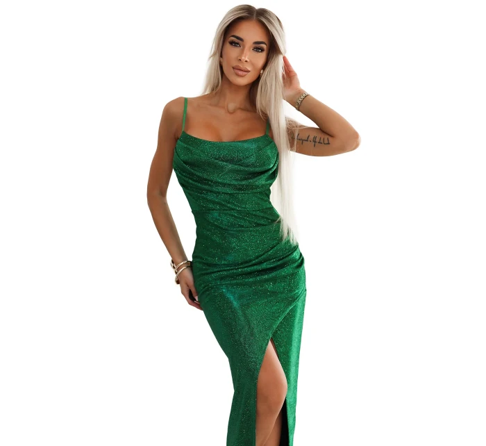 563-3 COSIMA Lesklé, fenomenální šaty s drapérií - ZELENÉ