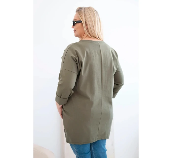 Dámská blůza Plus Size s delším zadním dílem a dlouhým rukávem khaki