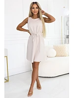 296-17 VICTORIA Trapézové šaty bez rukávů s páskem - béžové