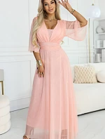 654-4 Dlouhé třpytivé plus size šaty s výstřihem a průhlednými rukávy - broskvová barva