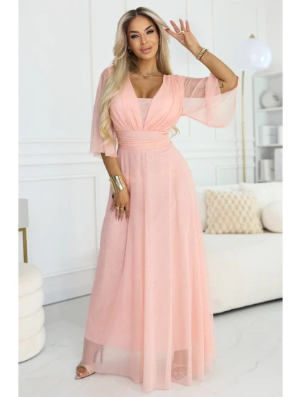 Dlouhé třpytivé plus size šaty s výstřihem a rukávy broskvová barva model 21961748 - numoco basic
