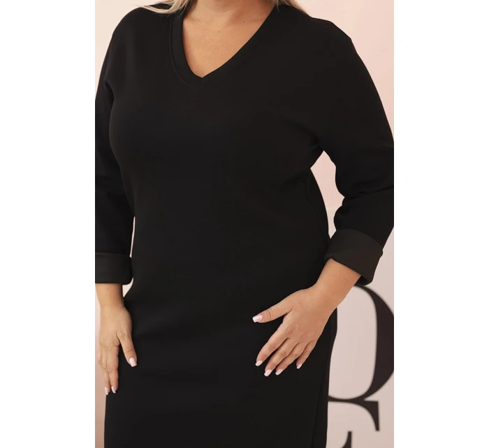 Dámská suknička Plus Size máslová s výstřihem do V a rukávem černá