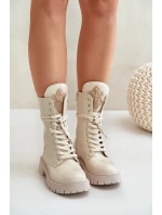 Lakované Zateplené Kotníkové Boty Workery s Ozdobou Béžové Kelilea Lakované Zateplené Kotníkové Boty Workery s Ozdobou Béžové Kelilea