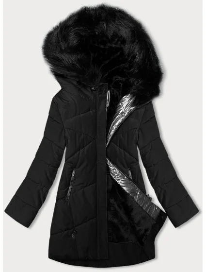 Černá dámská zimní bunda s kožešinovou podšívkou (V715)