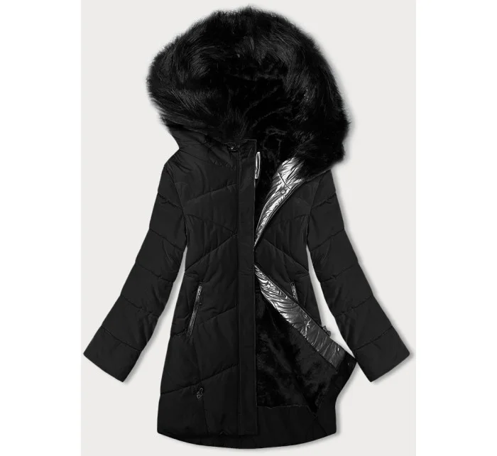 Černá dámská zimní bunda s kožešinovou podšívkou (V715)