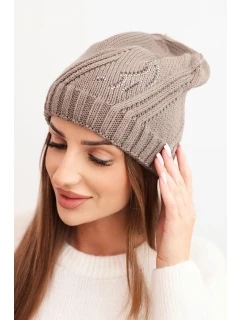Dámská zimní čepice s vlnou a zdobením z kamínků K480 mocca