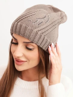 Dámská zimní čepice s vlnou a zdobením z kamínků K480 mocca
