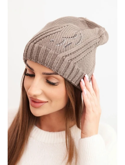 Dámská zimní čepice s vlnou a zdobením z kamínků K480 mocca Dámská zimní čepice s vlnou a zdobením z kamínků K480 mocca