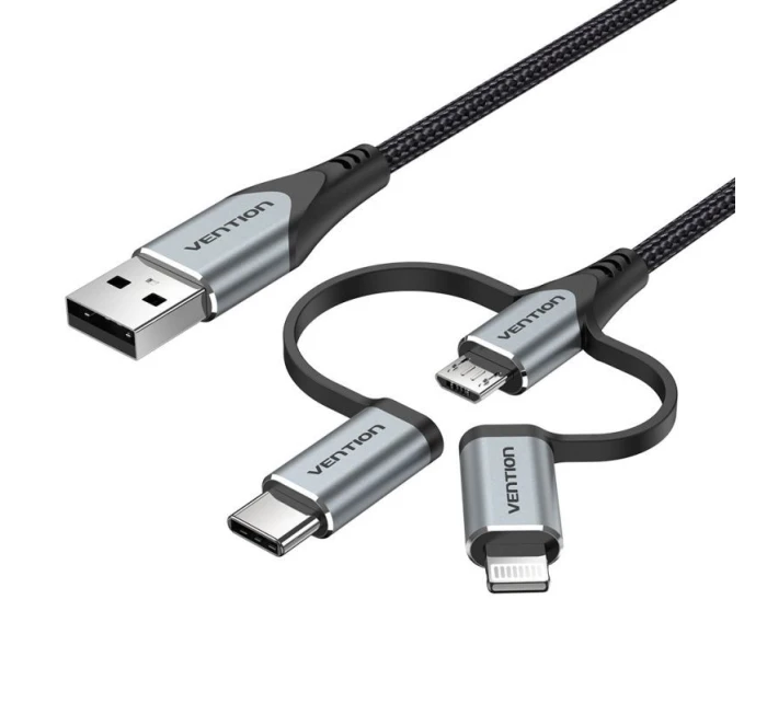 Vention USB-A 3v1 Micro-B USB-C Lightning kabel 1m šedý