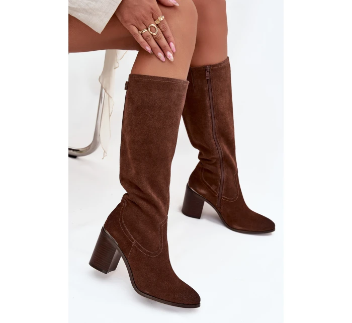 Dámské kozačky z přírodního semiše s vyhřátým podpatkem sloup Sergio Leone KZ25668-S hnědé Dámské kozačky z přírodního semiše s vyhřátým podpatkem sloup Sergio Leone KZ25668-S hnědé