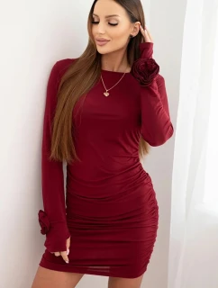Dámská šaty z viskózy model 21461128 s nařasením a květinami na rukávech bordová - K-Fashion