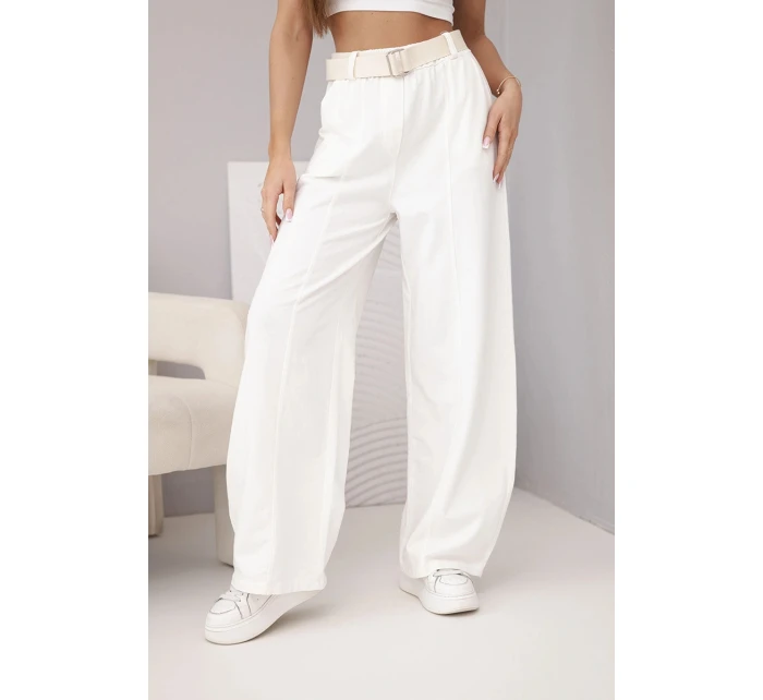 Dámské bavlněné kalhoty se širokými nohavicemi a páskem ecru