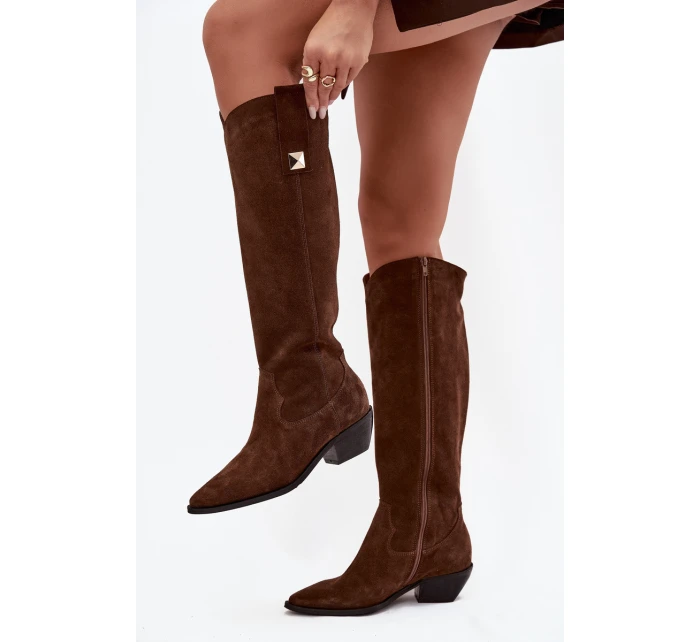 Kožené semišové kozačky zateplené  čokoládové model 21718495 - Zazoo