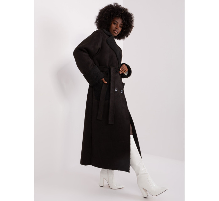 Černý zimní kabát z ovčí kůže s kapsami