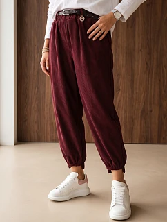 Dámské bavlněné manšestrové kalhoty s páskem, vínové, FashionStreet UY3173