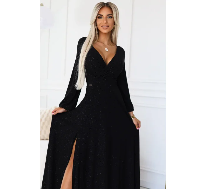 Černé dlouhé lesklé dámské šaty s výstřihem a dlouhými rukávy model 20620011 - numoco