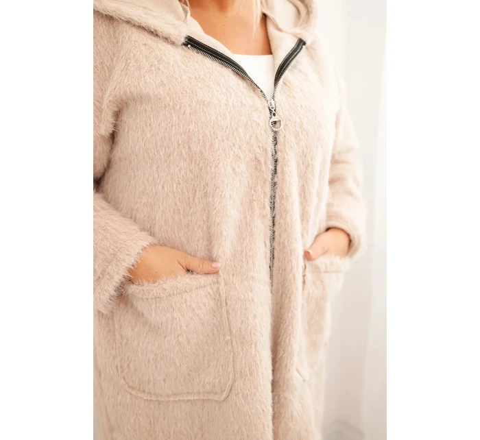 Dámský plášť Plus Size z viskózy se zapínáním na zip a kapucí béžový