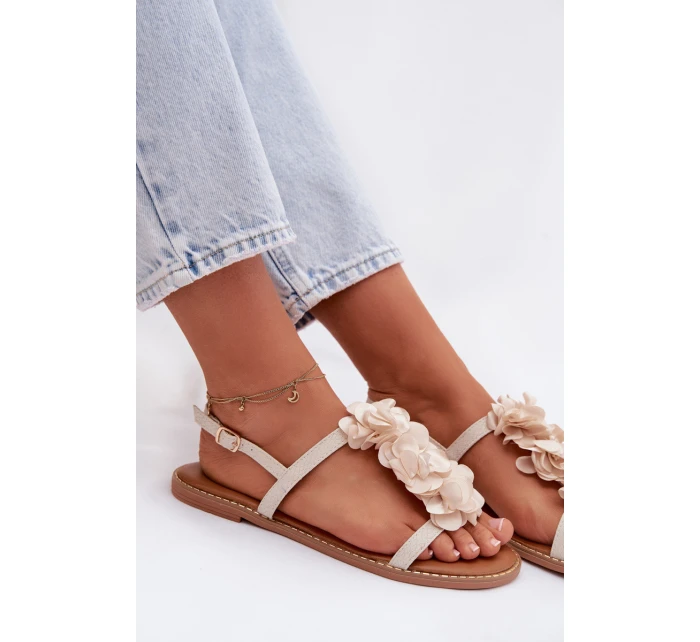 Dámské ploché sandály s ozdobnými květinami Jasnobeżowe Noemia