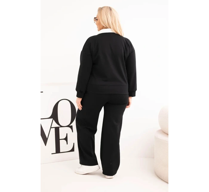 Dámská souprava máslíčko Plus Size s širokými nohavicemi a límečkem černý