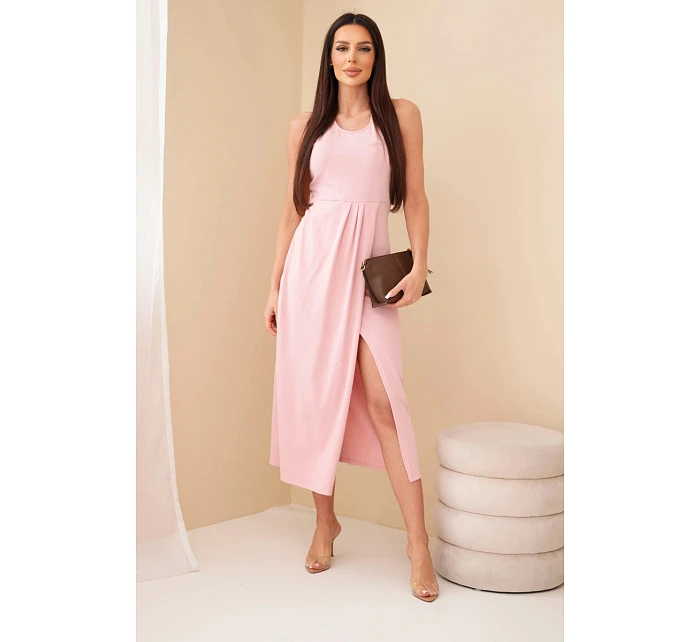 Dámské bavlněné midi šaty bez rukávů s řasením světle pudrově růžové Dámské bavlněné midi šaty bez rukávů s řasením světle pudrově růžové