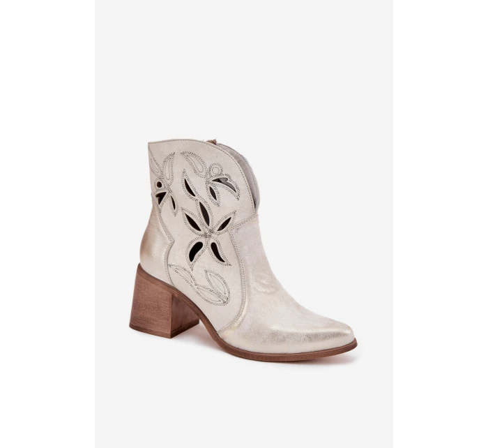 Dámské kotníky s otevřenou síťovinou z přírodní kůže na podpatku Zazoo 3690 zlaté popraskané